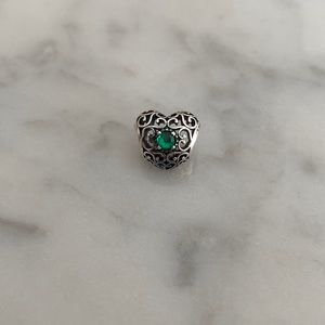 Love heart with green gem stone Pandora charm. Meant to be for May birth stones